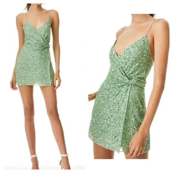 ALICE + OLIVIA CELESTINE EMBROIDERED WRAP DRAPED MINI DRESS - Picture 4 of 15